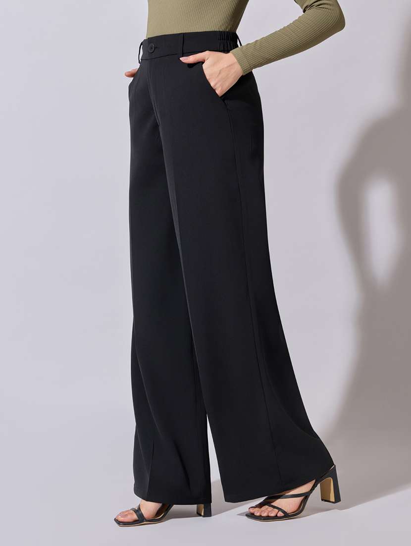 women solid high rise wide leg trouser - 22380922 -  Standard Image - 3