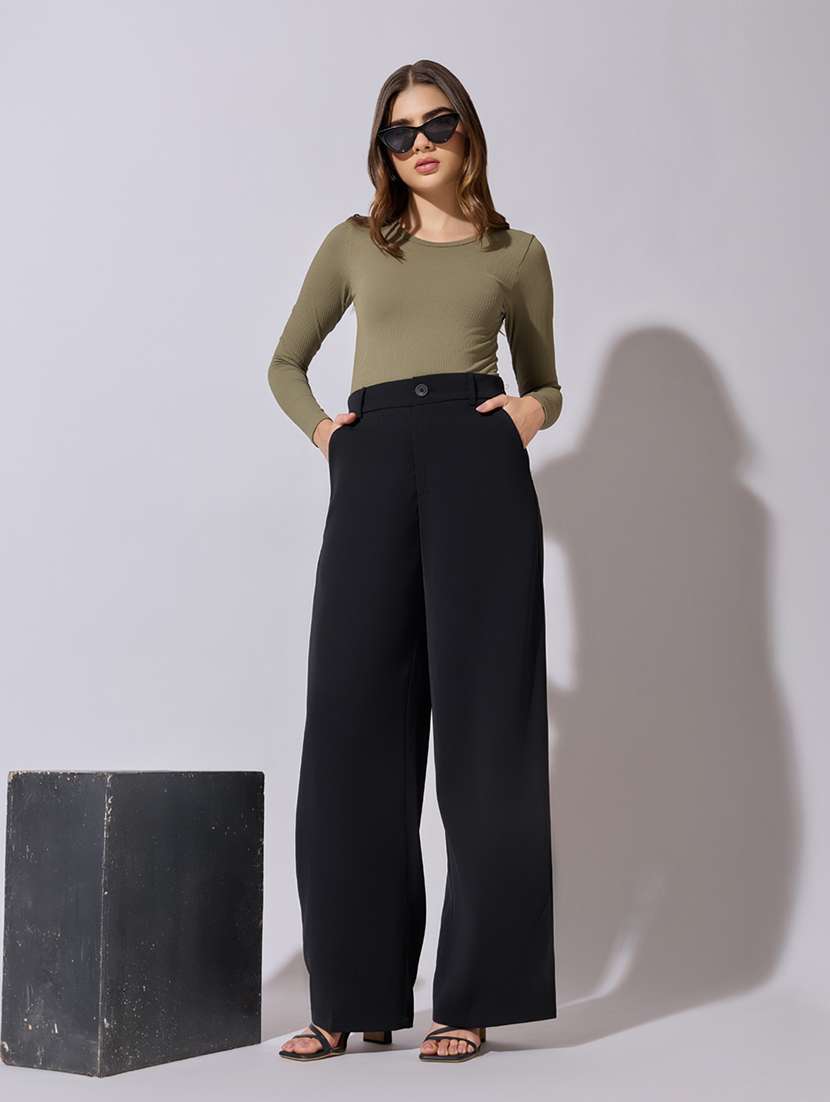 women solid high rise wide leg trouser - 22380922 -  Standard Image - 5