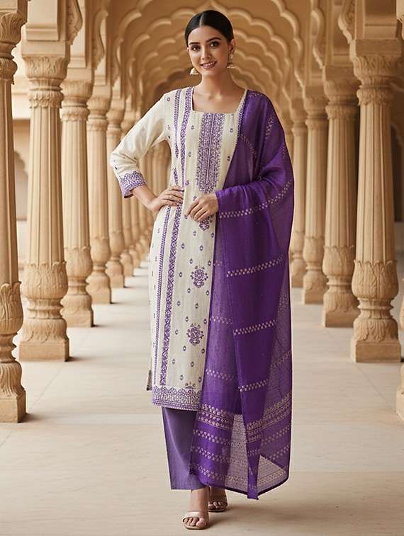 women solid with work three quarter sleeve kurta pant with dupatta set