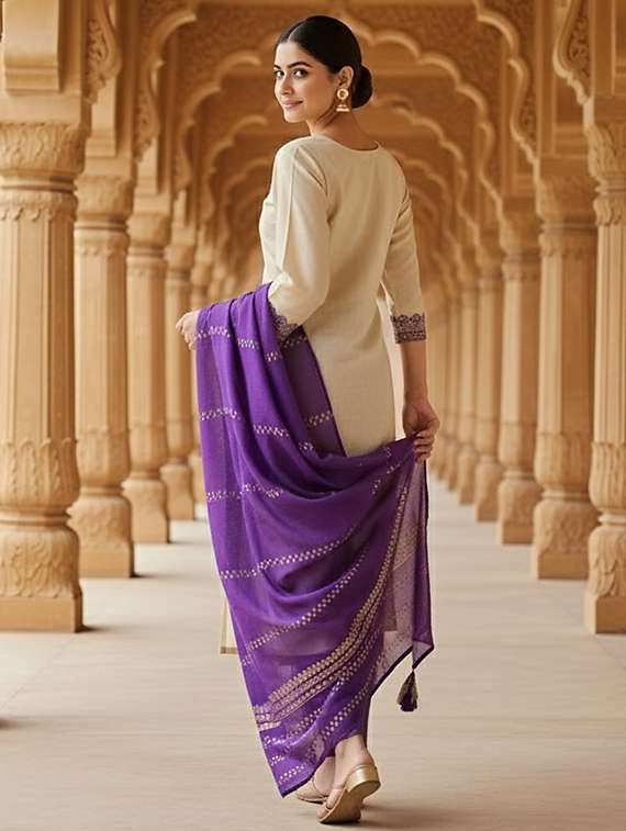 women solid with work three quarter sleeve kurta pant with dupatta set - 22380935 -  Standard Image - 3