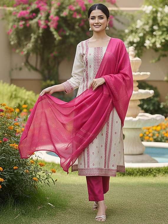 women solid with work three quarter sleeve kurta pant with dupatta set