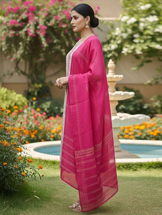 women solid with work three quarter sleeve kurta pant with dupatta set - 22380936 -  Standard Image - 3