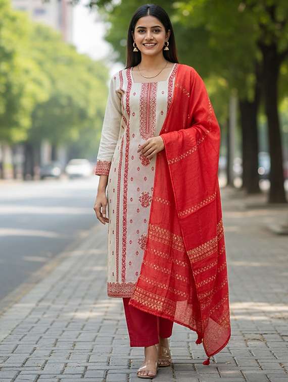 women solid with work three quarter sleeve kurta pant with dupatta set