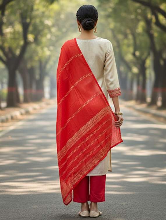 women solid with work three quarter sleeve kurta pant with dupatta set - 22380937 -  Standard Image - 3