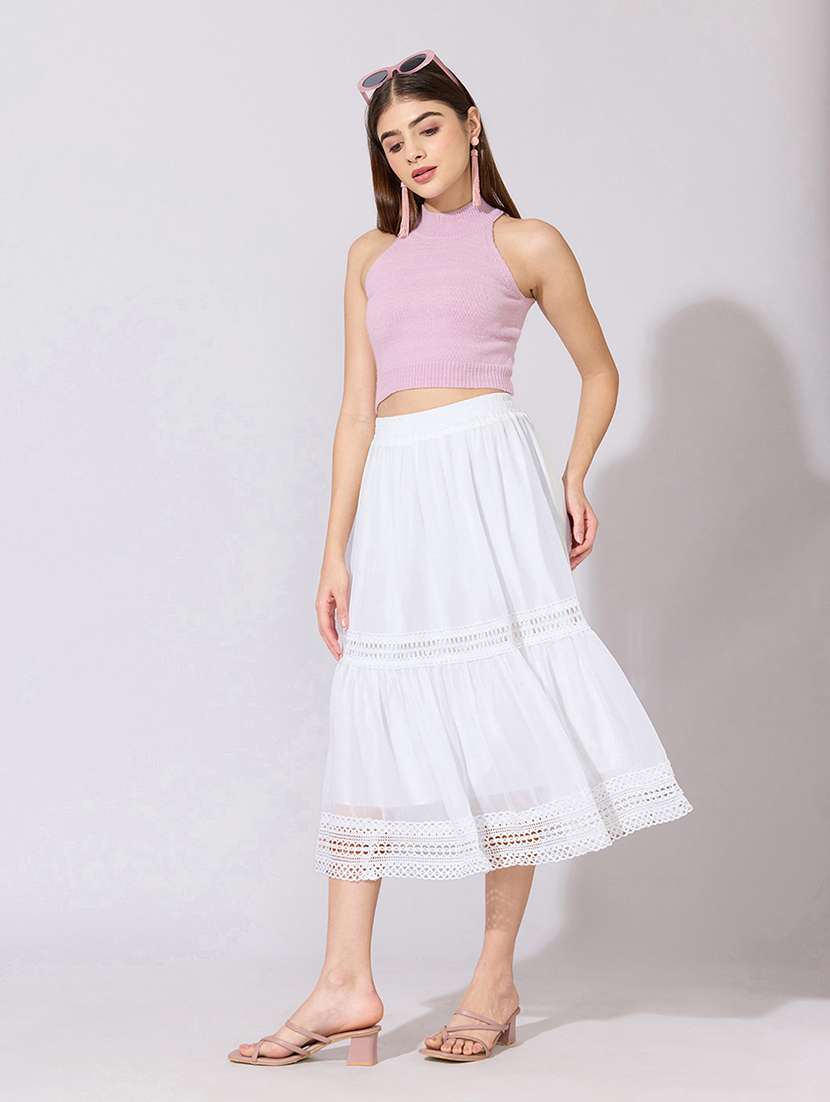 women solid high rise tiered skirt