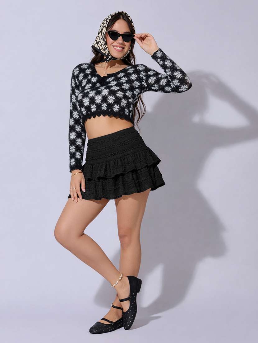 women solid high rise layered skirt