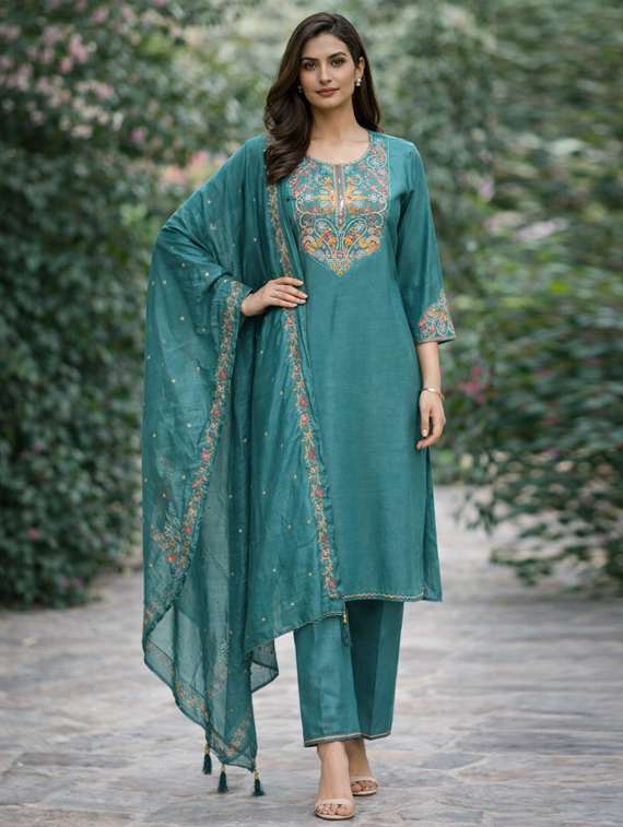 women solid with work three quarter sleeve kurta pant with dupatta set