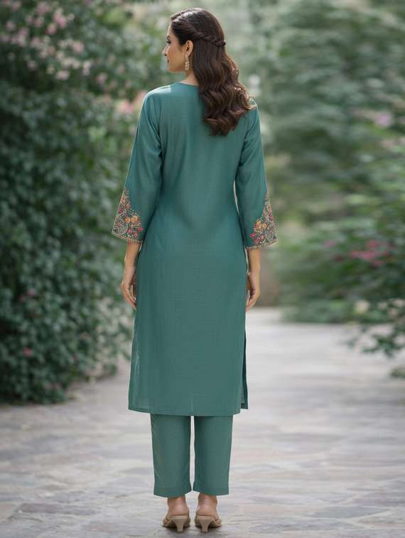 women solid with work three quarter sleeve kurta pant with dupatta set - 22380967 -  Standard Image - 3