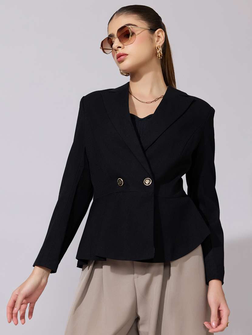 women solid long sleeve double breasted blazer