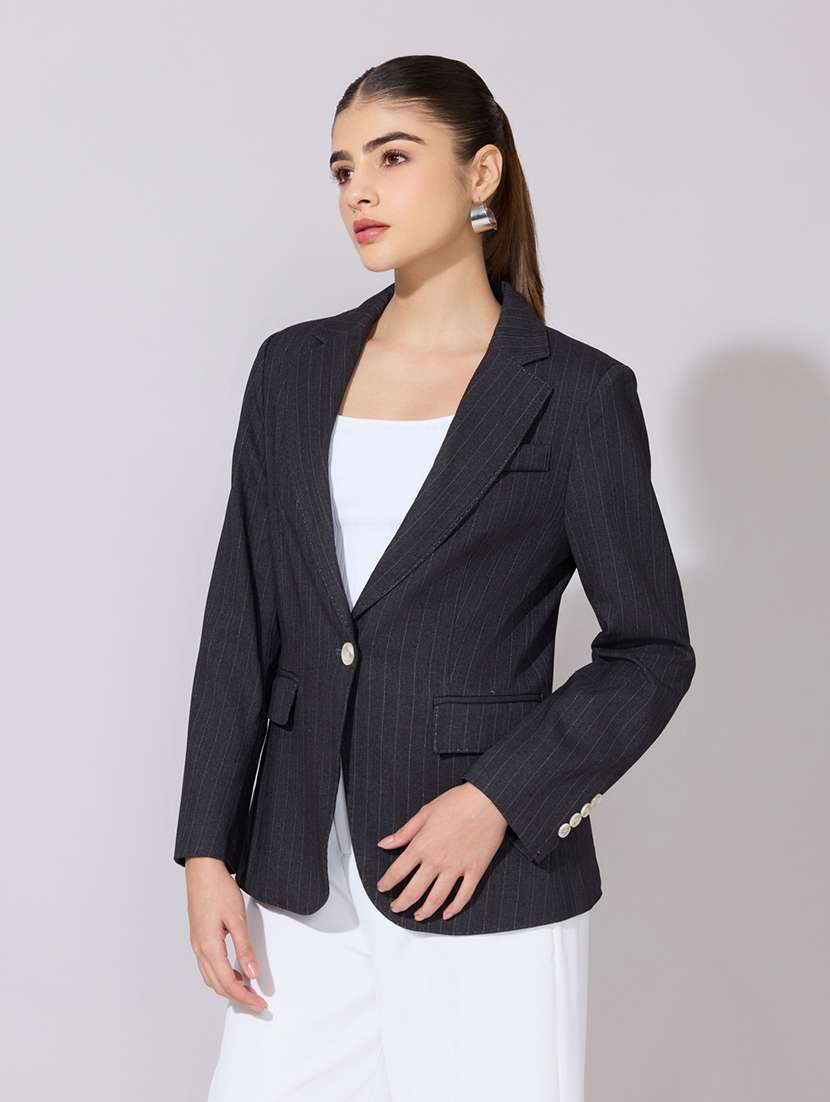women striped long sleeve single breasted blazer - 22380996 -  Standard Image - 3