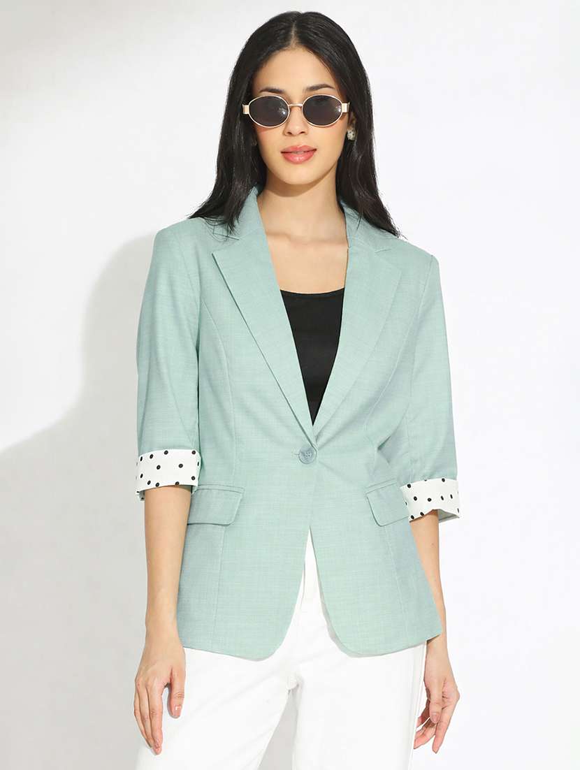 women solid three quarter sleeve single breasted blazer