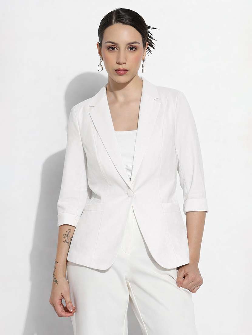 women solid three quarter sleeve single breasted blazer