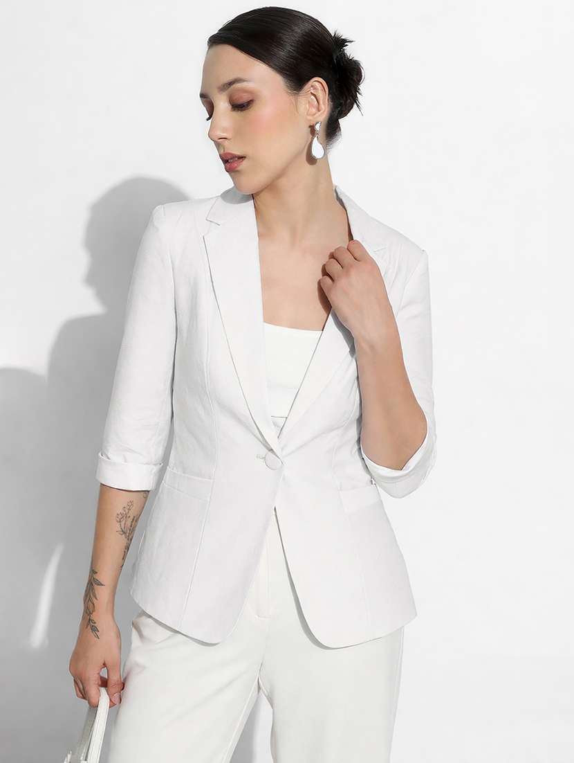 women solid three quarter sleeve single breasted blazer - 22381003 -  Standard Image - 3