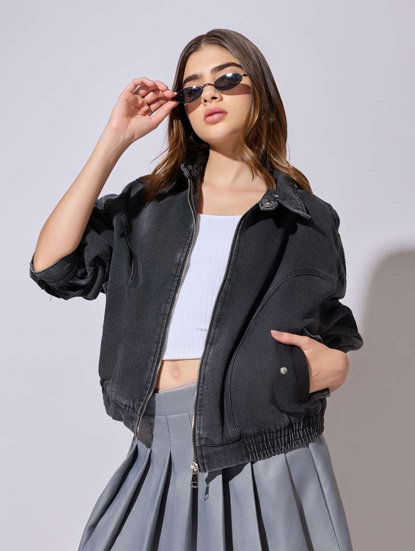 women solid long sleeve denim jacket