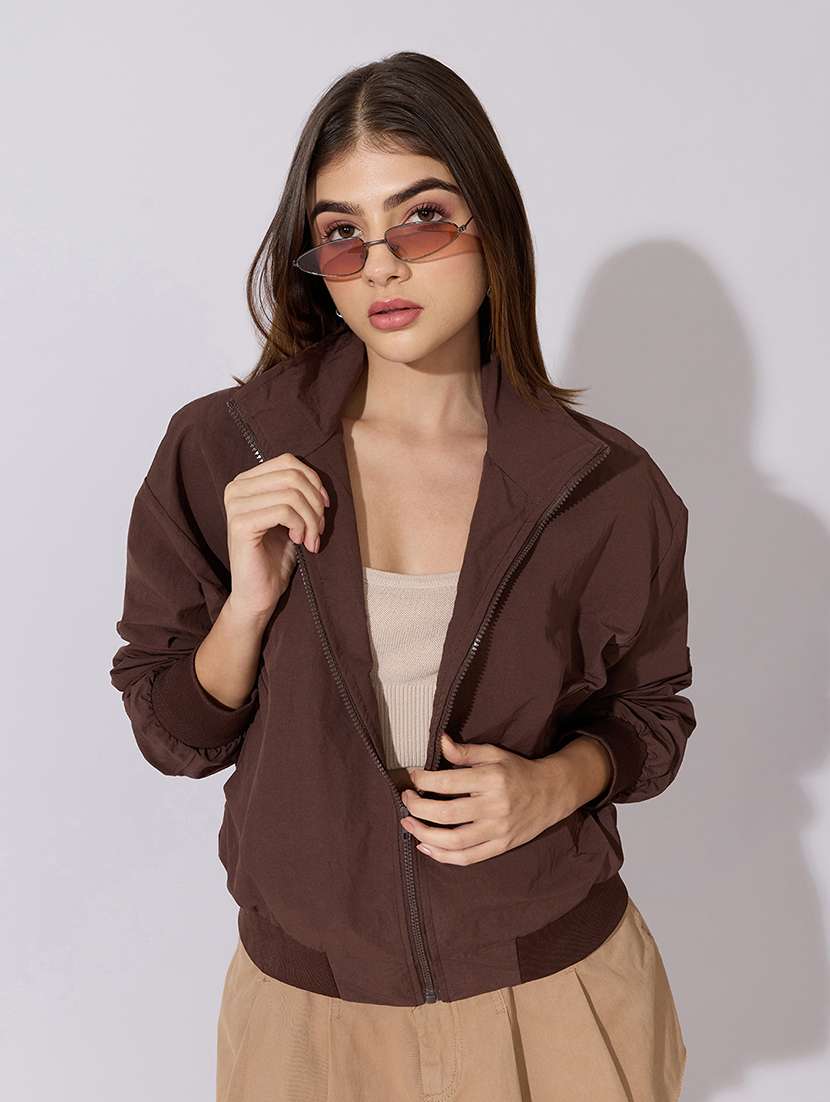 women solid long sleeve biker jacket