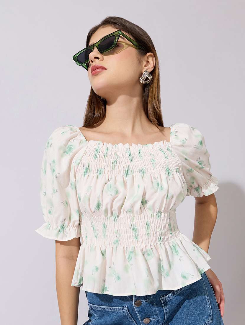 women printed puff sleeve peplum top