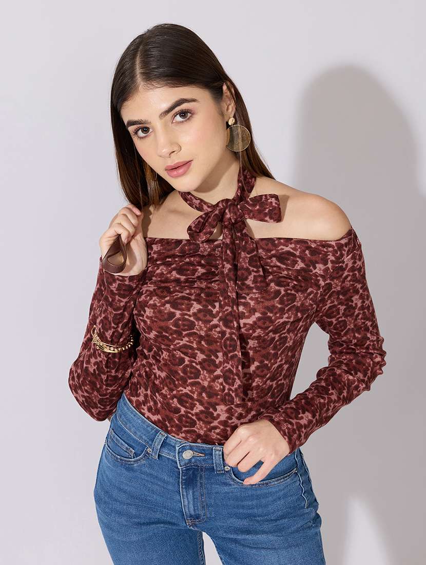 women printed off shoulder long sleeve top with neck tie