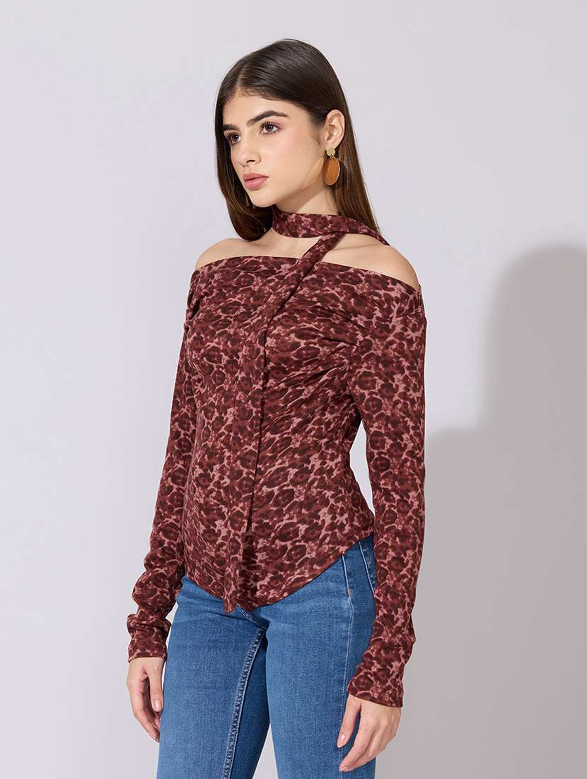 women printed off shoulder long sleeve top with neck tie - 22381043 -  Standard Image - 3