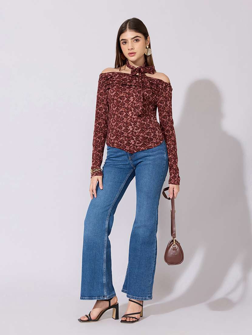women printed off shoulder long sleeve top with neck tie - 22381043 -  Standard Image - 5