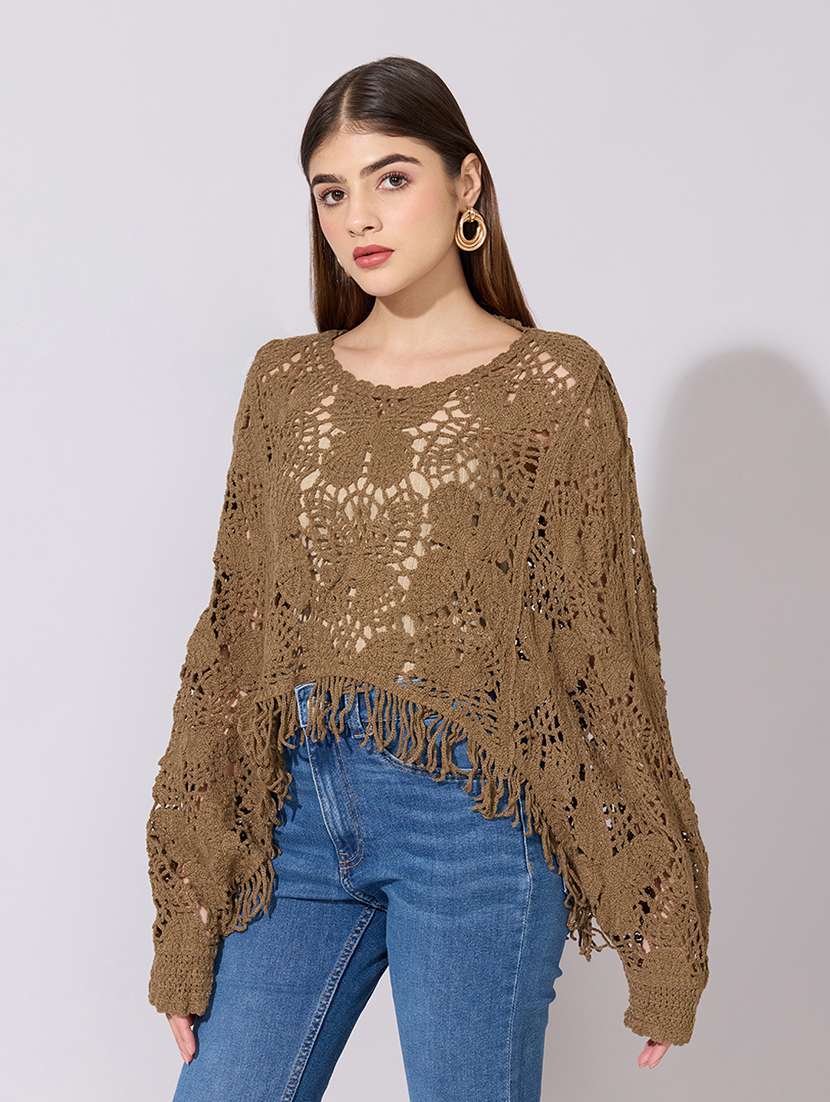 women self designed long sleeve crochet top - 22381046 -  Standard Image - 3