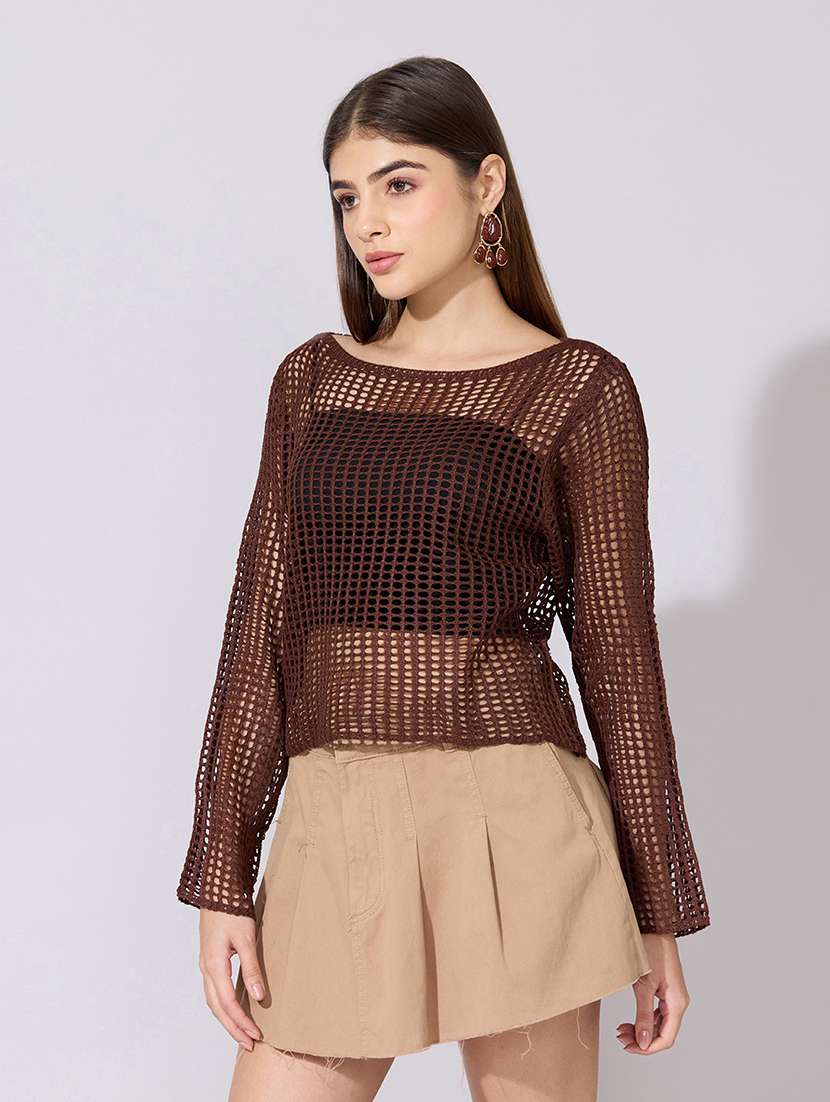 Women Self Designed Long Sleeve Crop Top With Slip - 22381047 -  Standard Image - 3