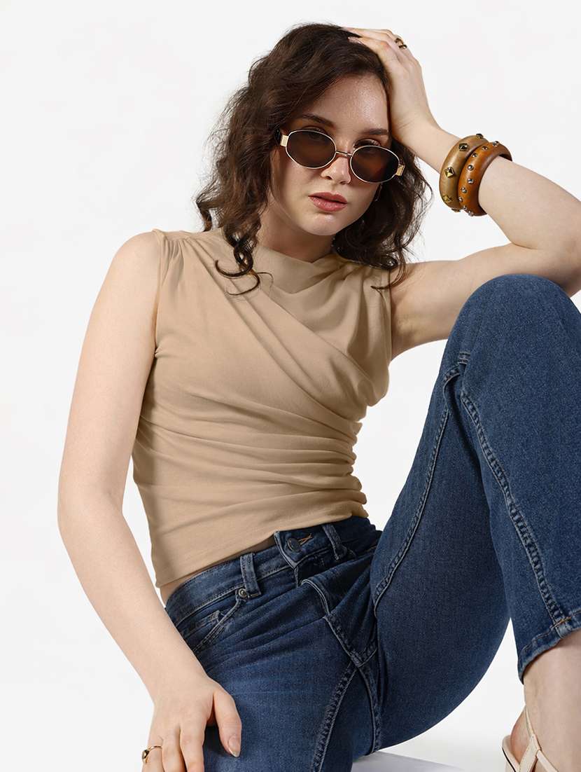 women solid sleeveless ruched top
