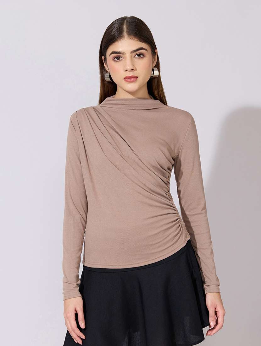 women solid long sleeve ruched top