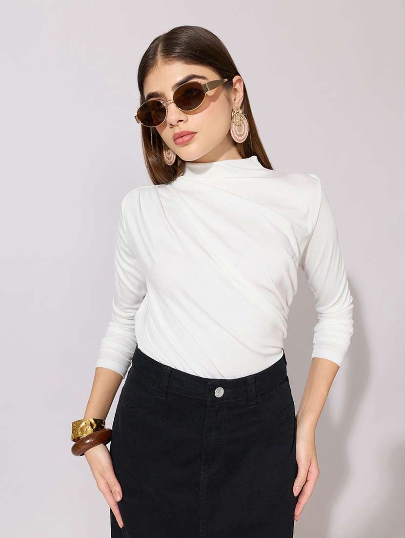 women solid long sleeve ruched top