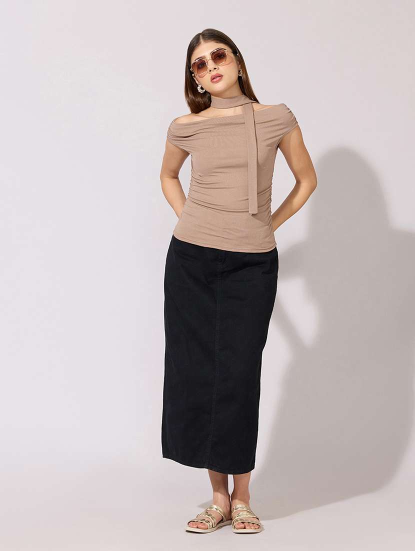 women solid off shoulder top with neck tie - 22381058 -  Standard Image - 5
