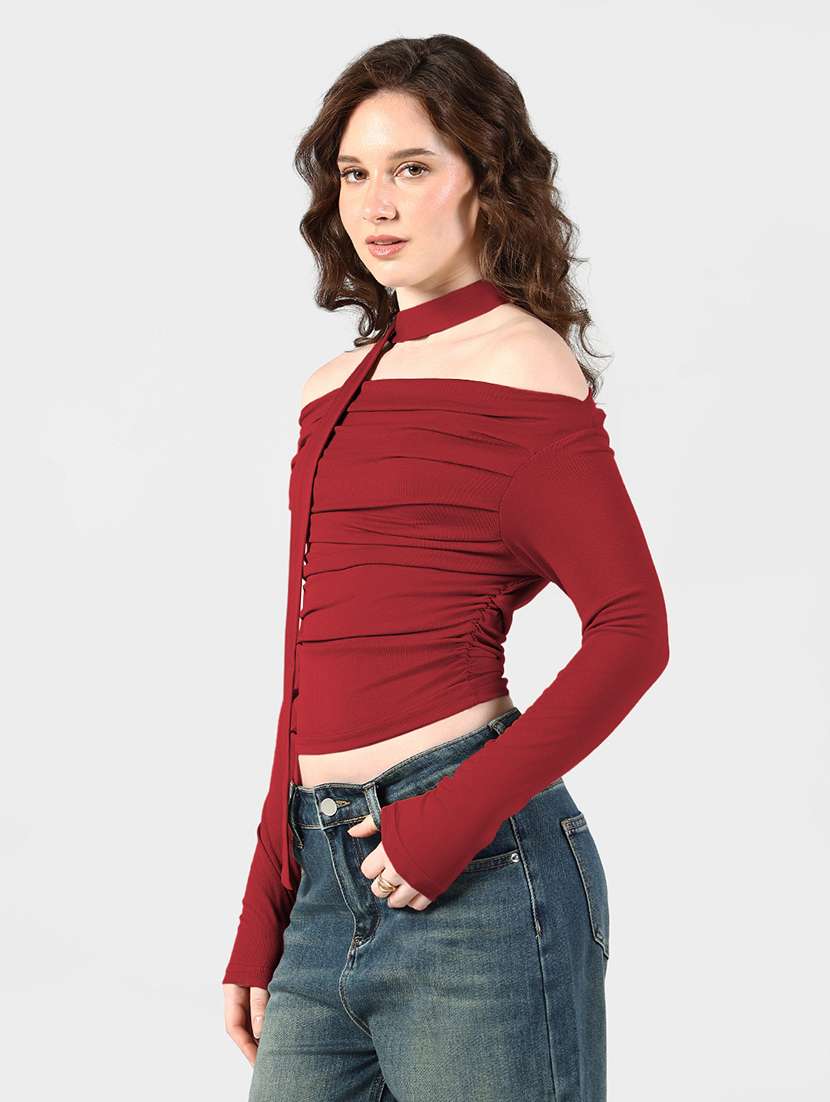 women solid off shoulder long sleeve top with neck tie - 22381060 -  Standard Image - 3