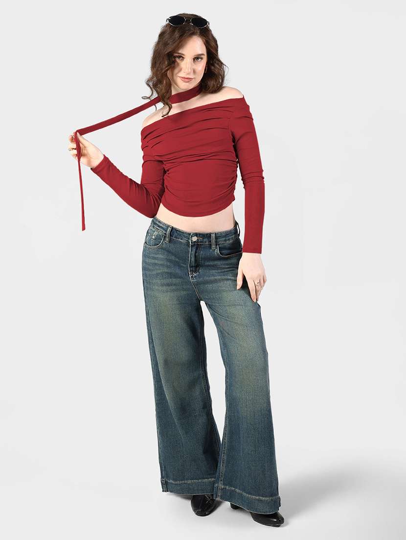 women solid off shoulder long sleeve top with neck tie - 22381060 -  Standard Image - 5