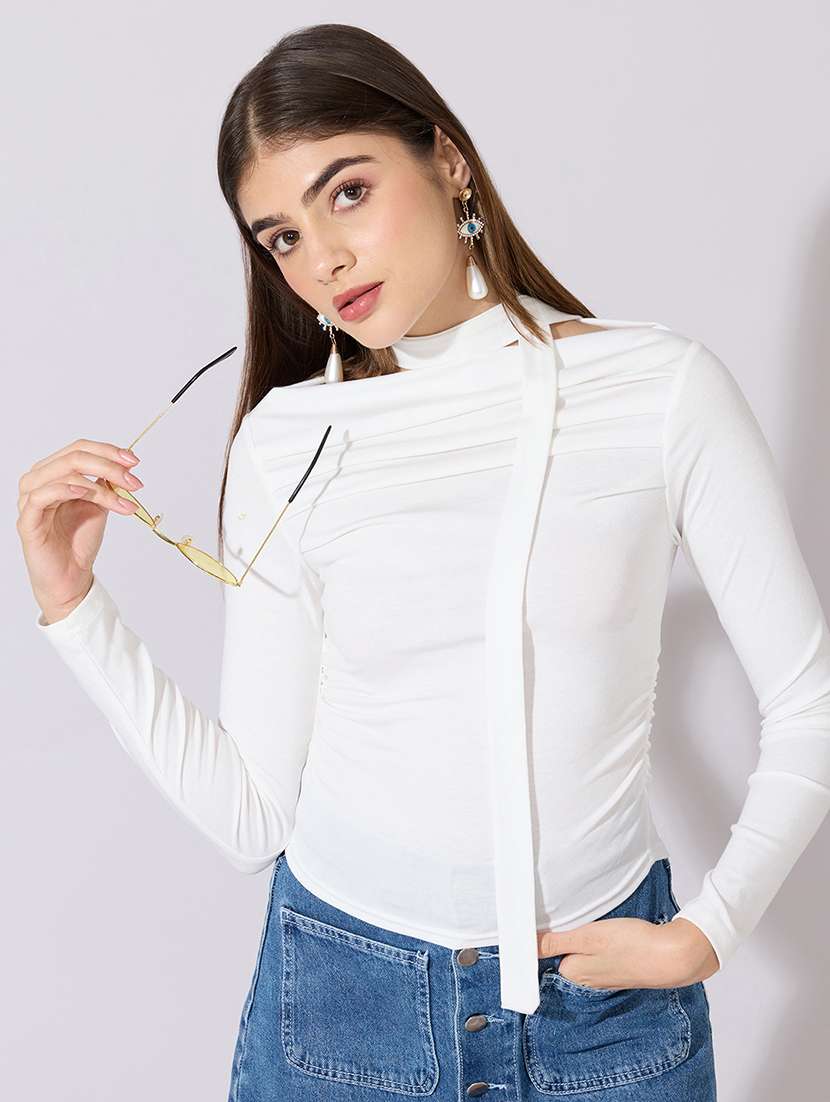 women solid long sleeve top with neck tie