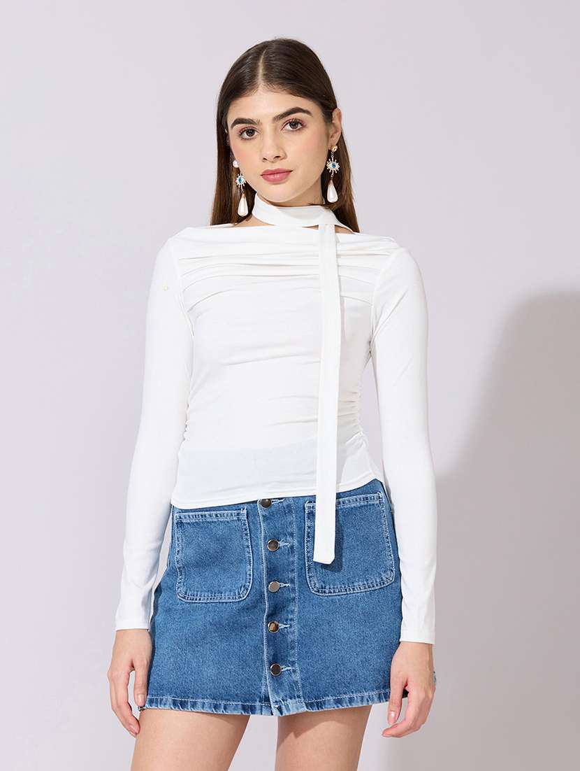 women solid long sleeve top with neck tie - 22381061 -  Standard Image - 3