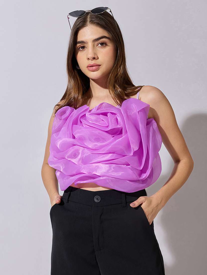 women solid starpless ruffle crop top