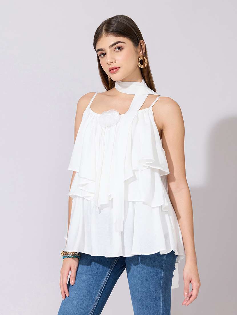 women solid shoulder strap ruffle top - 22381066 -  Standard Image - 3