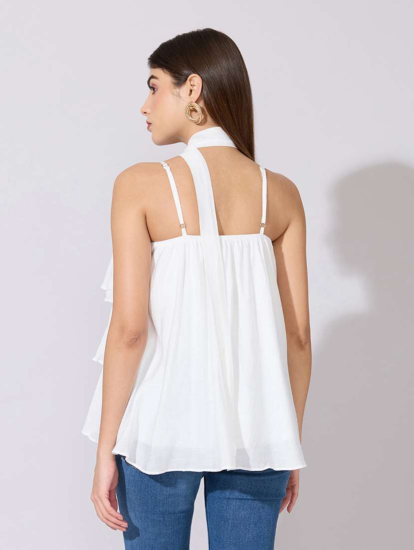 women solid shoulder strap ruffle top - 22381066 -  Standard Image - 5