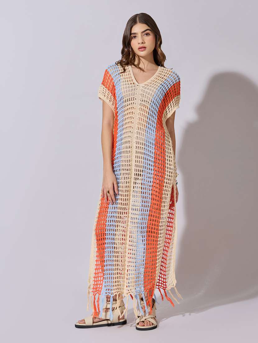 women crochet longline sheer top with fringe hem