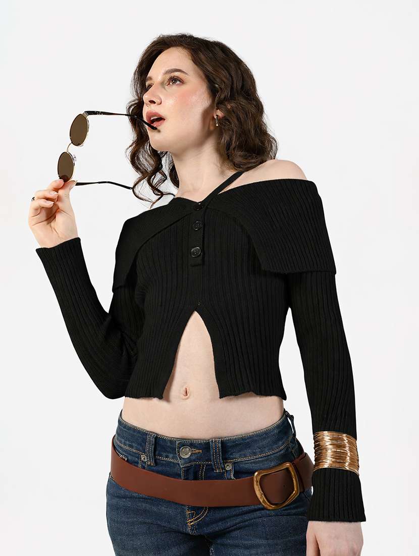 women solid off shoulder long sleeve crop top