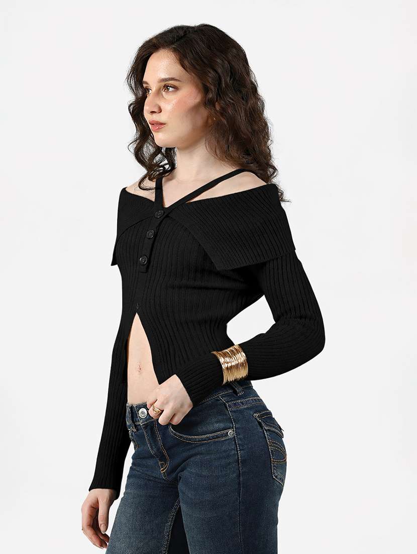 women solid off shoulder long sleeve crop top - 22381071 -  Standard Image - 3