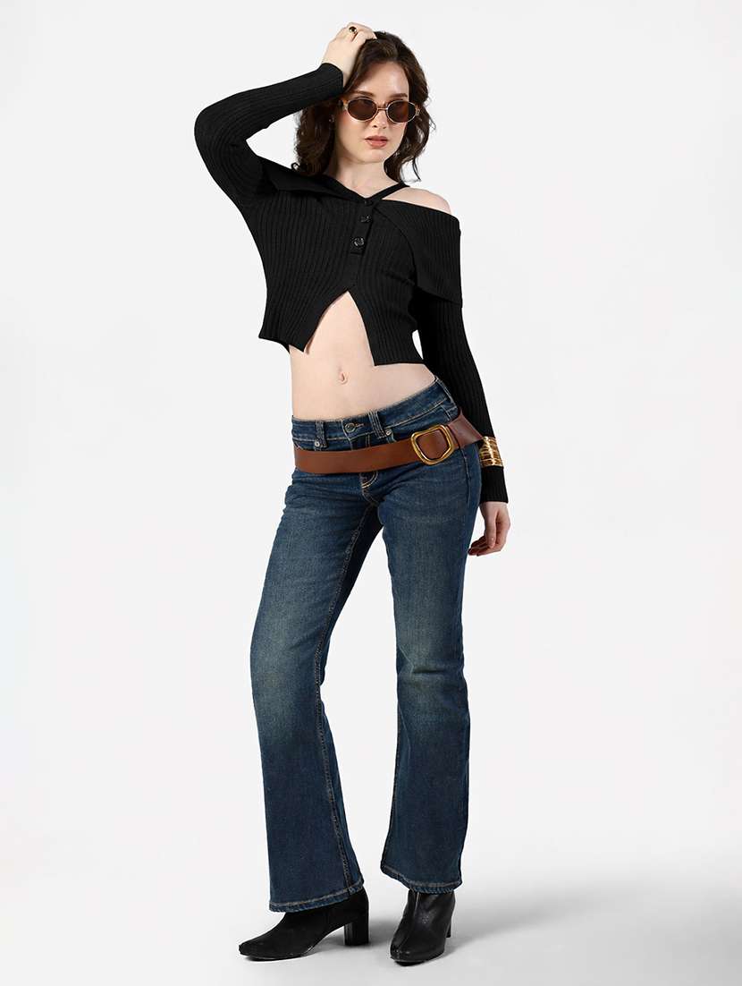 women solid off shoulder long sleeve crop top - 22381071 -  Standard Image - 5
