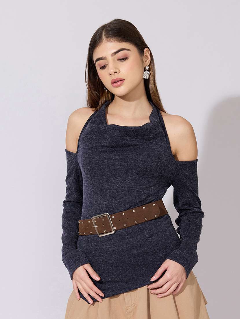 women solid cold shoulder staright top