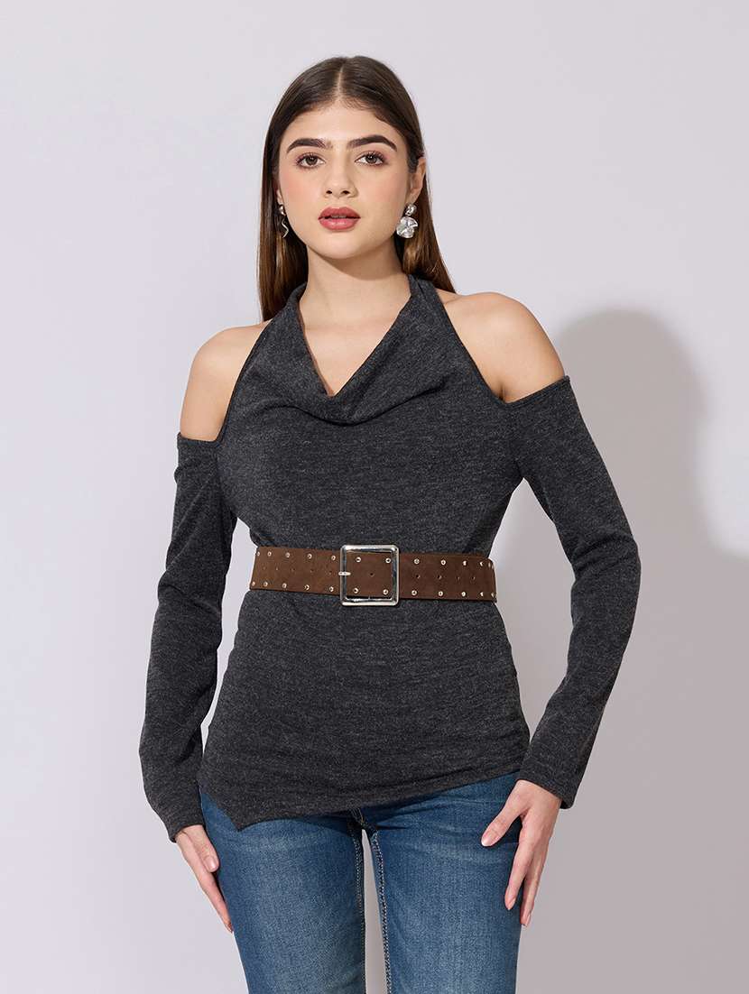 women solid cold shoulder straight top