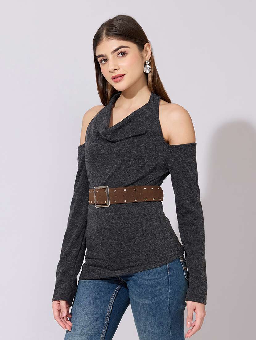 women solid cold shoulder straight top - 22381077 -  Standard Image - 3