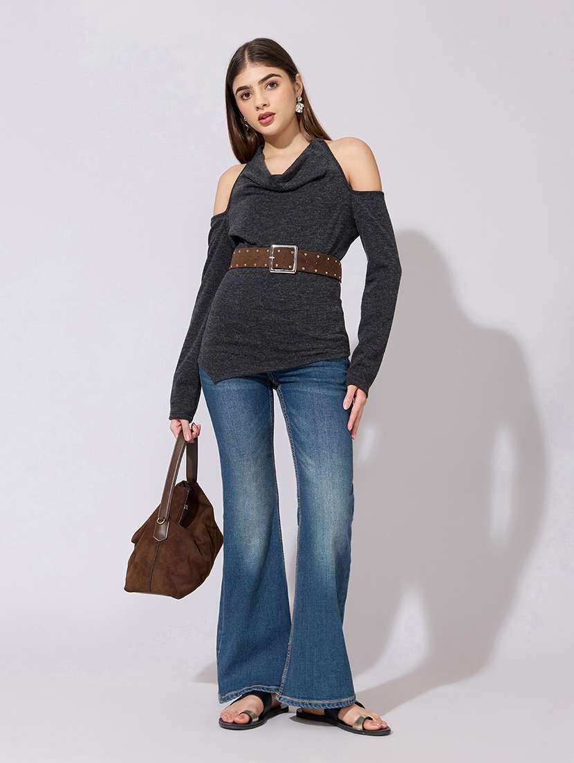 women solid cold shoulder straight top - 22381077 -  Standard Image - 5