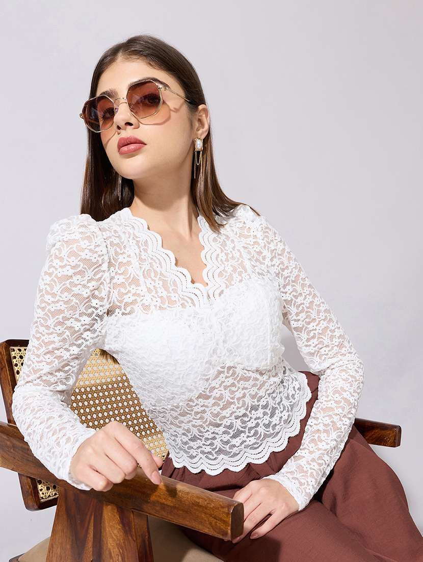 women solid long sleeve lace top
