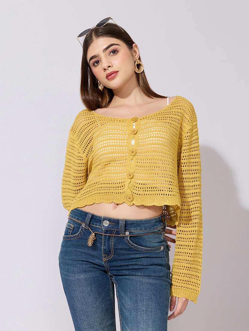 women solid long sleeve crop top with slip