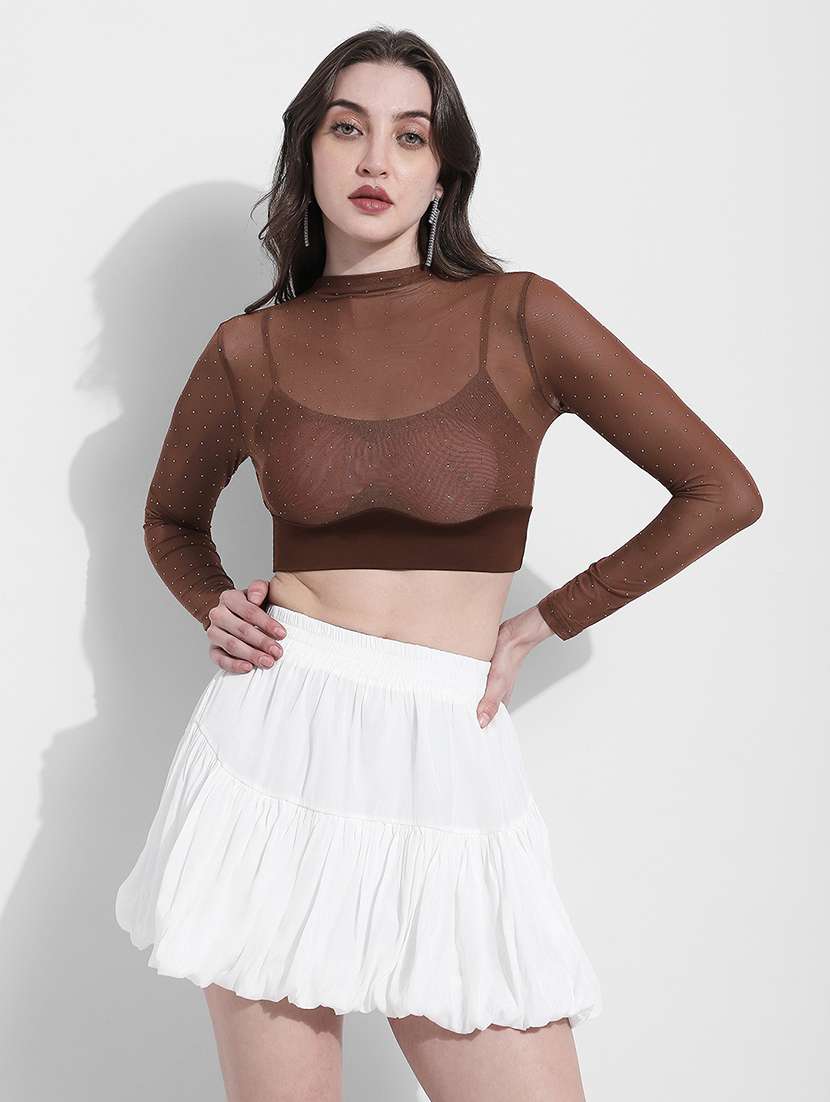 women solid long sleeve crop top