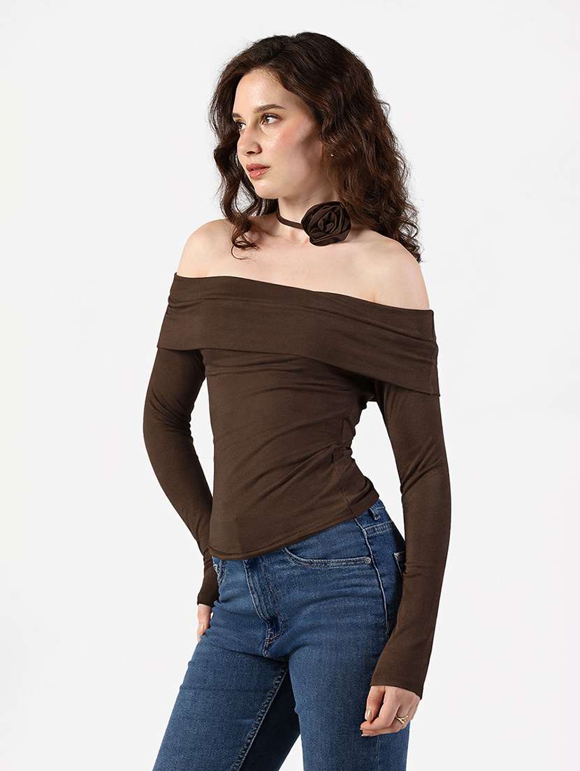 women solid off shoulder long sleeve top - 22381089 -  Standard Image - 3