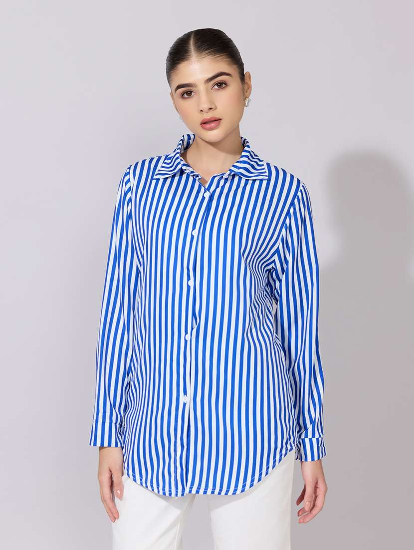 women striped collared long sleeve shirt