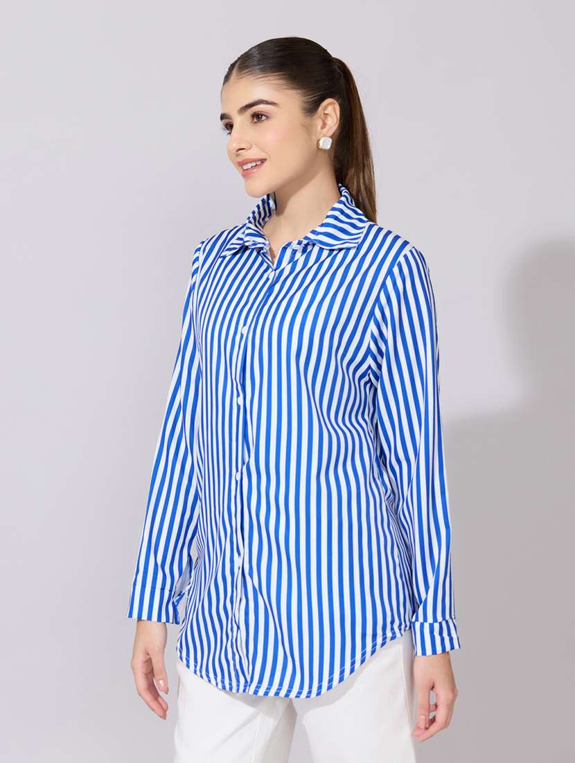 women striped collared long sleeve shirt - 22381090 -  Standard Image - 3